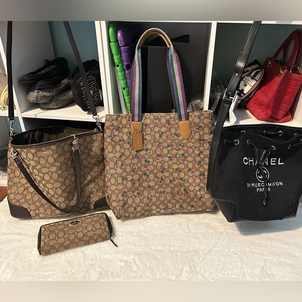 Coach Brown Signature Tote Bag with Leather Accents
